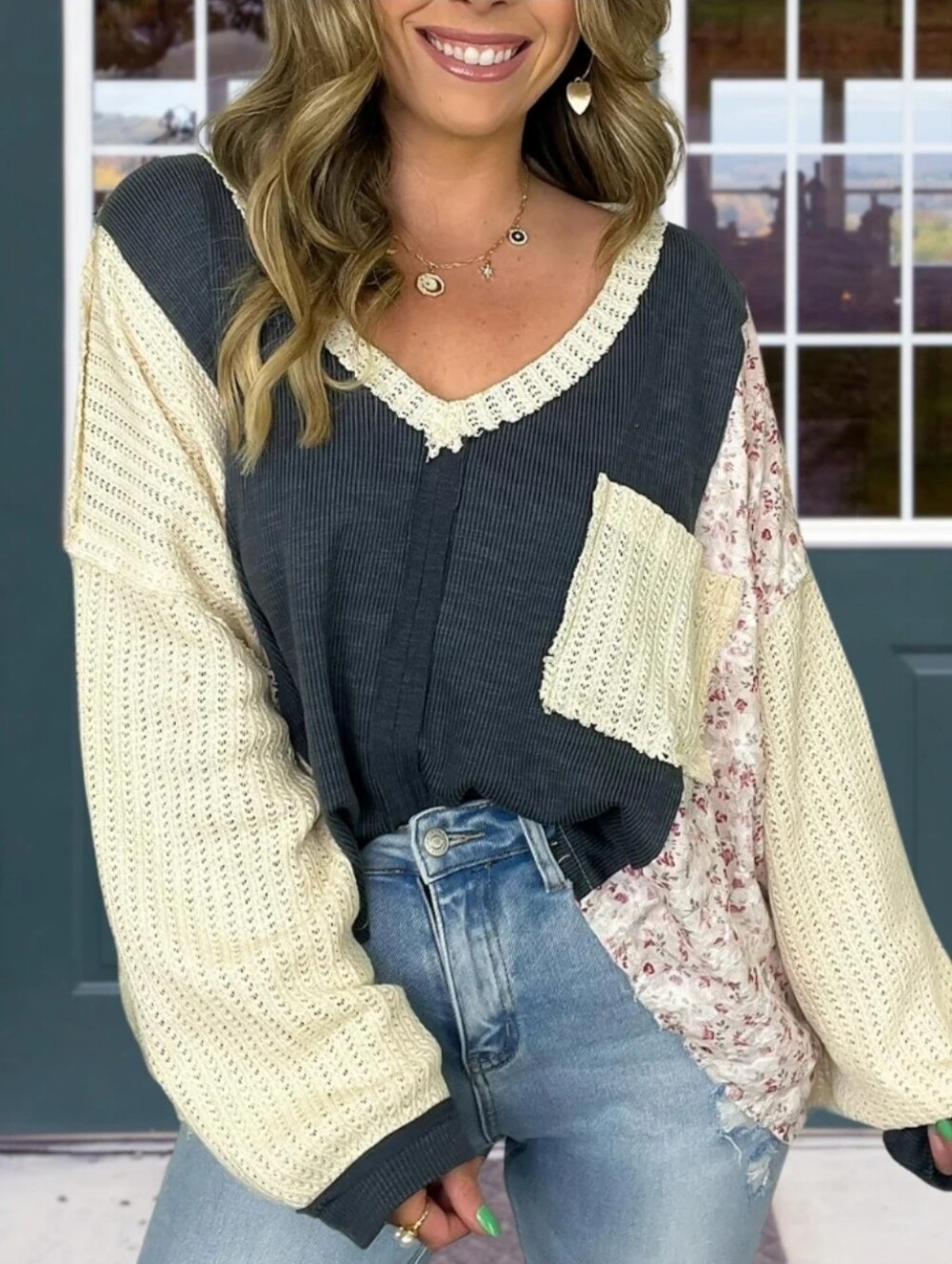 NEW!!! POL V-Neck Patchwork Pullover in Charcoal, Cream & Floral, Sz Large